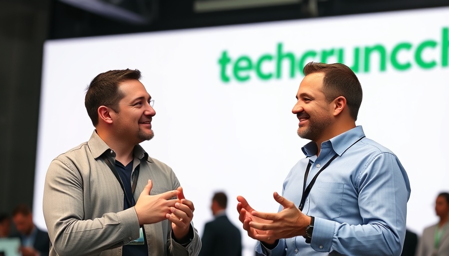 Two men discussing business startup funding on stage at a TechCrunch event.