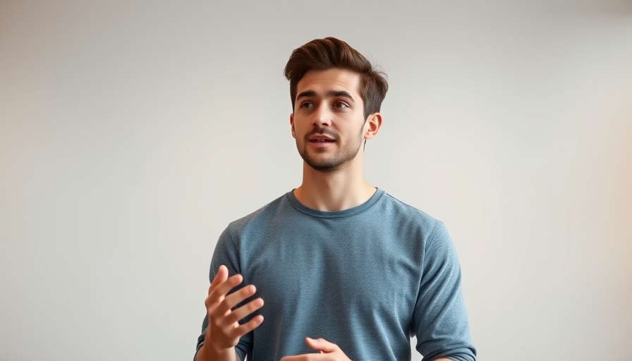 Young man presents genetics testing startup with logo in background.