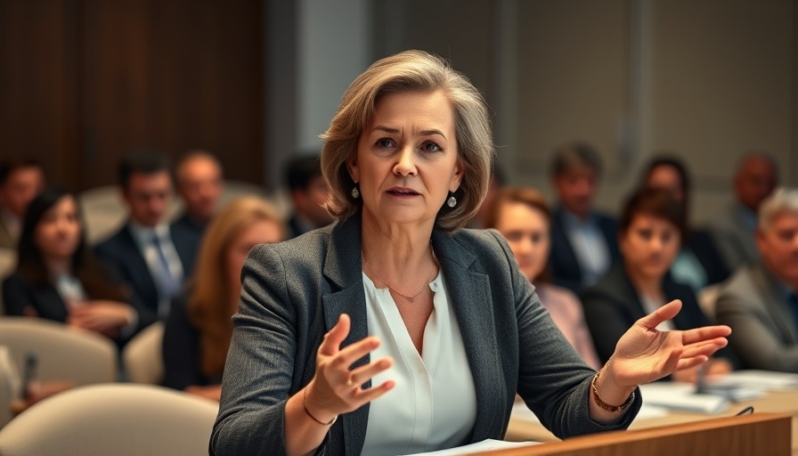 First female head of MI6 speaking at a conference.