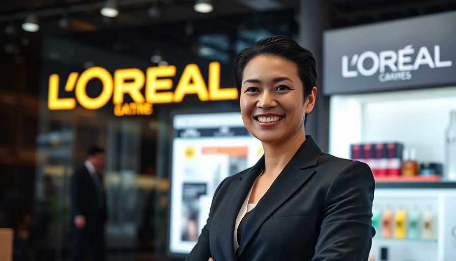 Executive posing with L'Oréal brand logos in Southeast Asia Middle East growth context.