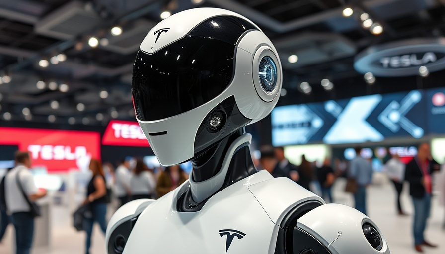 Tesla humanoid robot at tech exhibition reflecting futuristic design