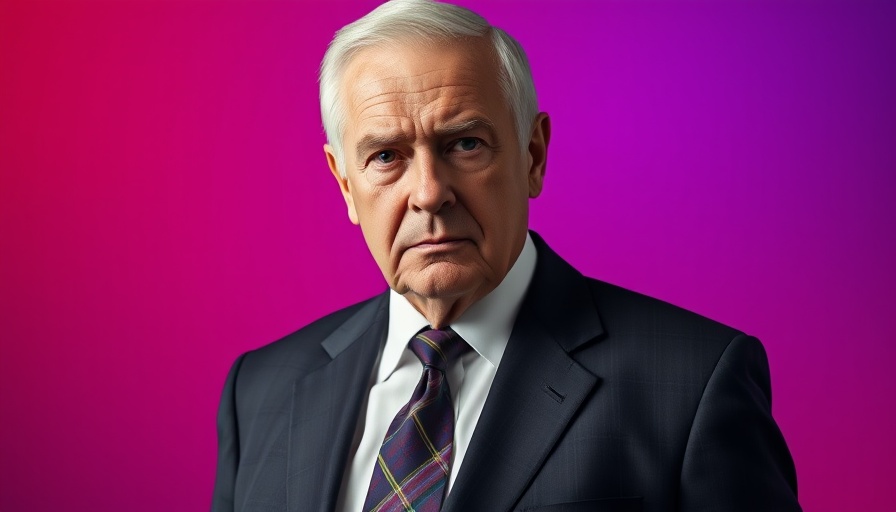 Serious man in suit demonstrating business leadership, vibrant backdrop.
