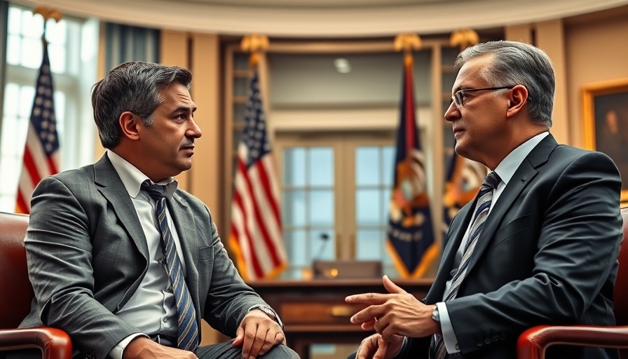 Office meeting of two men with flags in the background, strong jobs report and Tesla stock surge context.