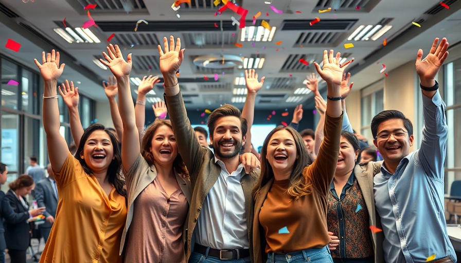 CoreWeave Stock Surge celebration with joyful crowd indoors.