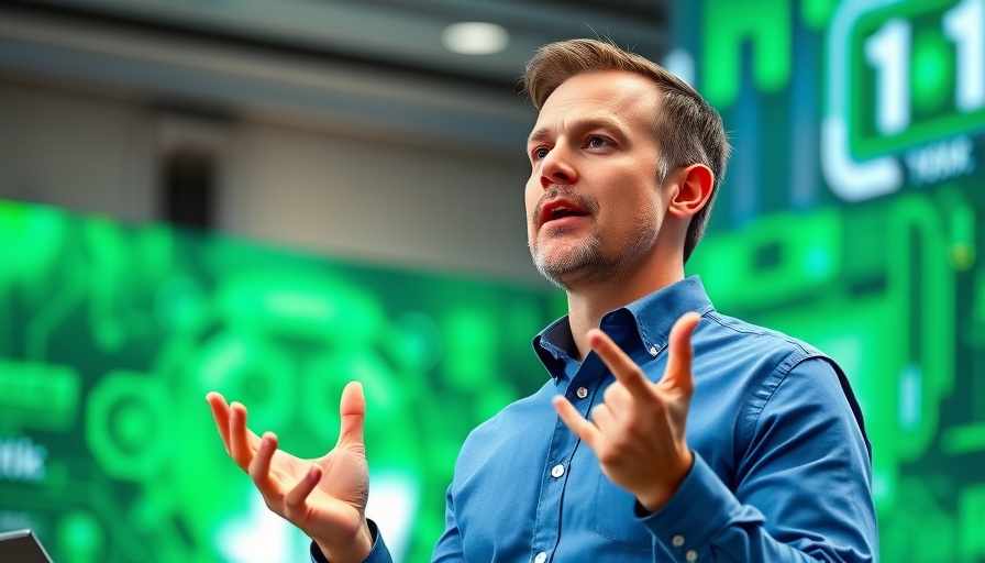 Man gesturing during tech conference, vivid tech-themed backdrop.