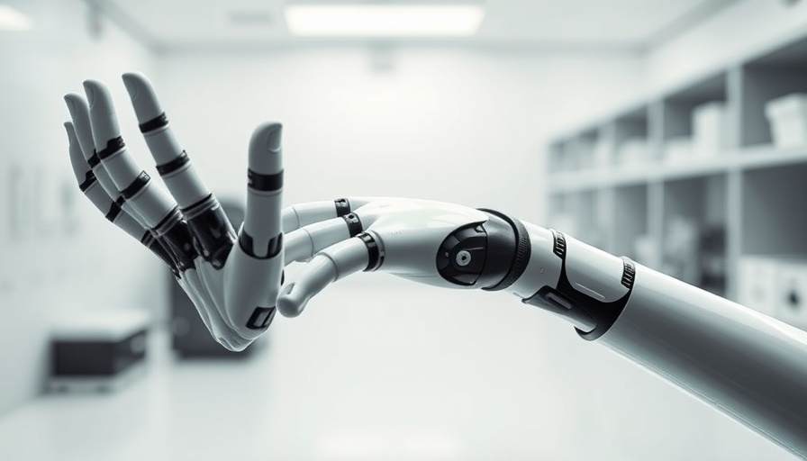 Tesla Optimus robot hand in a futuristic lab setting.
