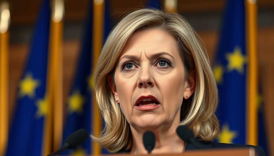 Serious woman speaking at podium with EU flags, Italy spyware targeting immigration activists.