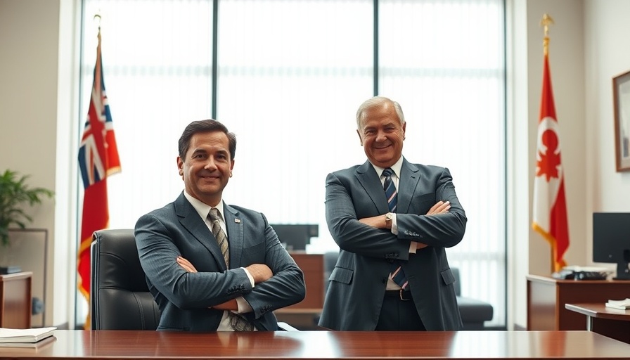 Office meeting with two men in formal attire, one standing, one seated.