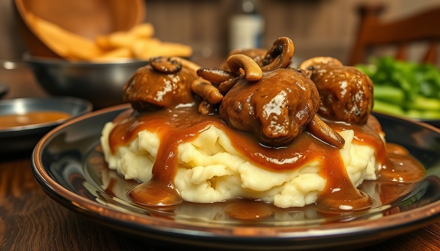 Salisbury steak meatballs with gravy over mashed potatoes.