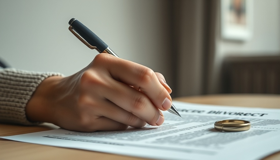 Hands signing divorce papers with pen and ring nearby.