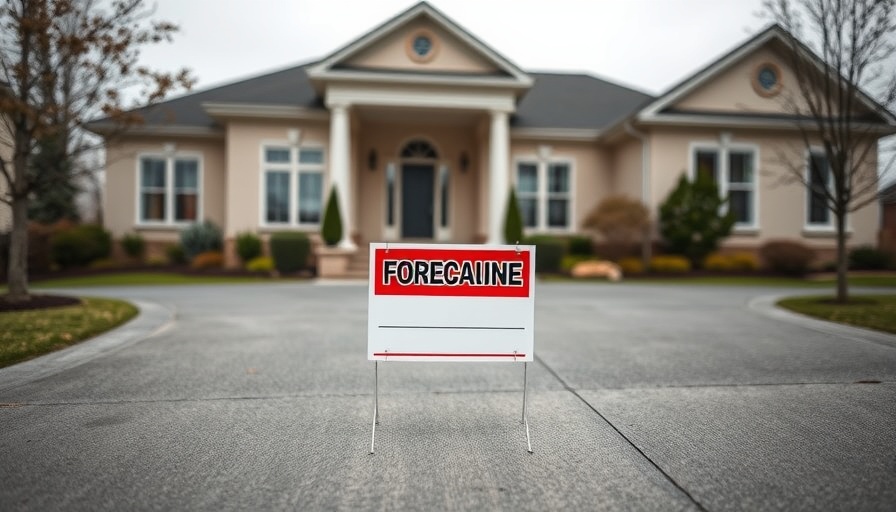 Foreclosure sign in front of large suburban home highlighting bankruptcy.
