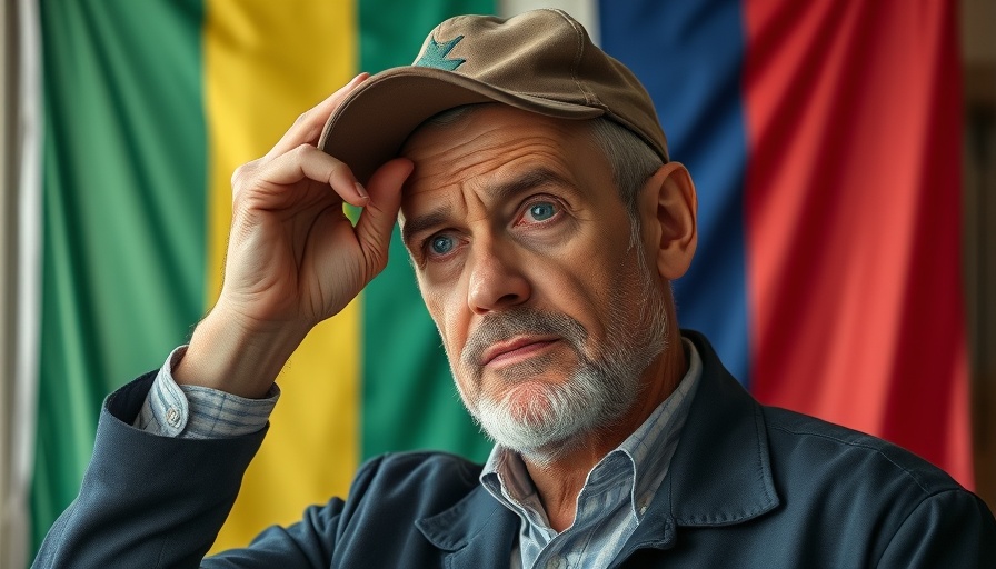Man adjusting cap in colorful room, reflecting thoughtfully.