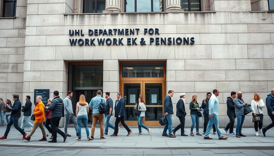 People outside UK Department for Work & Pensions discussing pension reform.