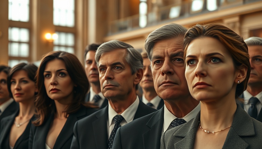 Group of individuals in formal wear with tense expressions indoors.