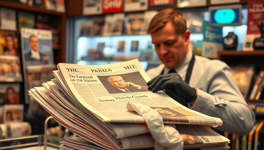 Cashier examining political headlines at store counter.