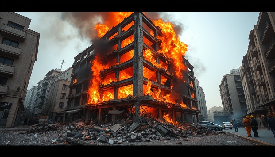 Destroyed building in Kharkiv from Russian attacks, flames visible.