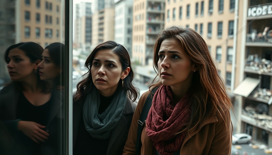 Women looking out of damaged building window in Gaza.