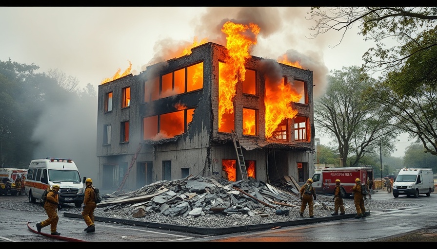 Partially destroyed building on fire with debris and smoke.
