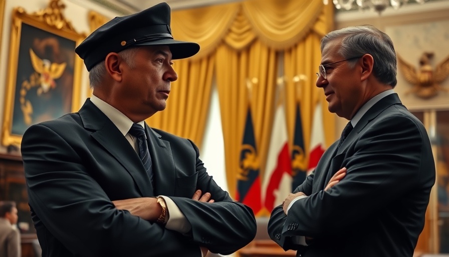 Formal setting conversation in official office with flags and drapes.