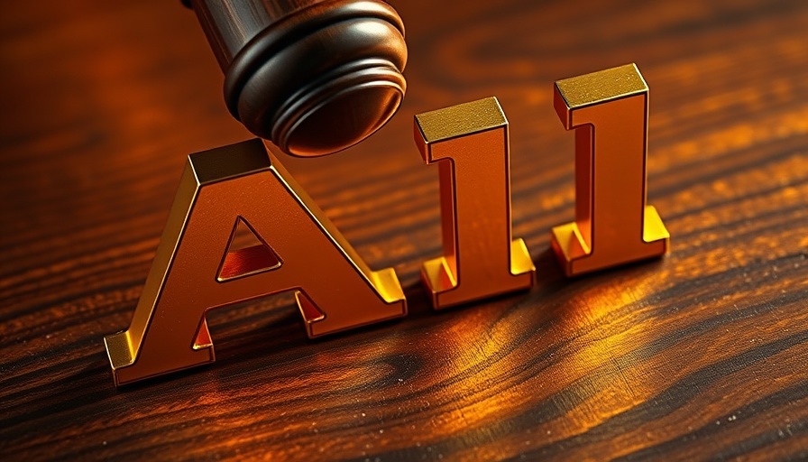 Wooden gavel above AI letters on wood, legal concept