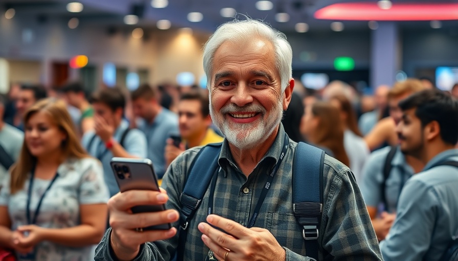 Smiling older man at WWDC 2025 updates event, holding smartphone.