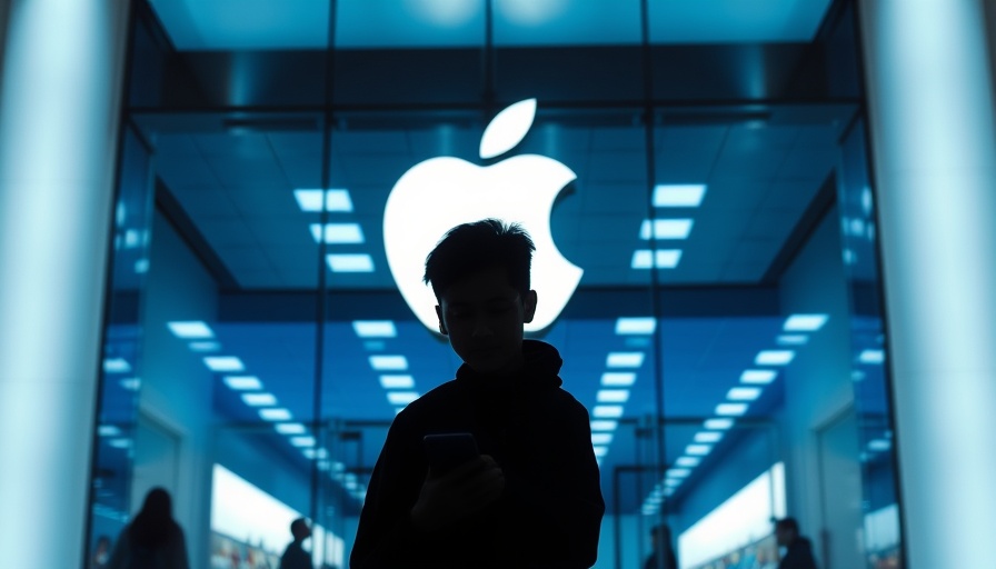 Apple Store facade with logo, person on smartphone, highlighting iOS 19 changes.
