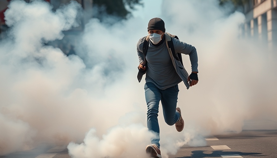 Masked protester amidst tear gas at Trump National Guard immigration protests in LA.