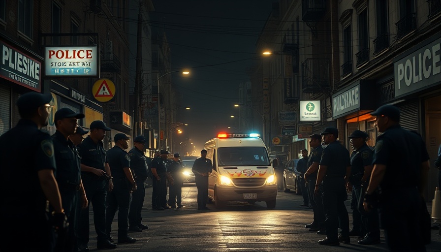 Night scene with police gathering in urban area, tense atmosphere.