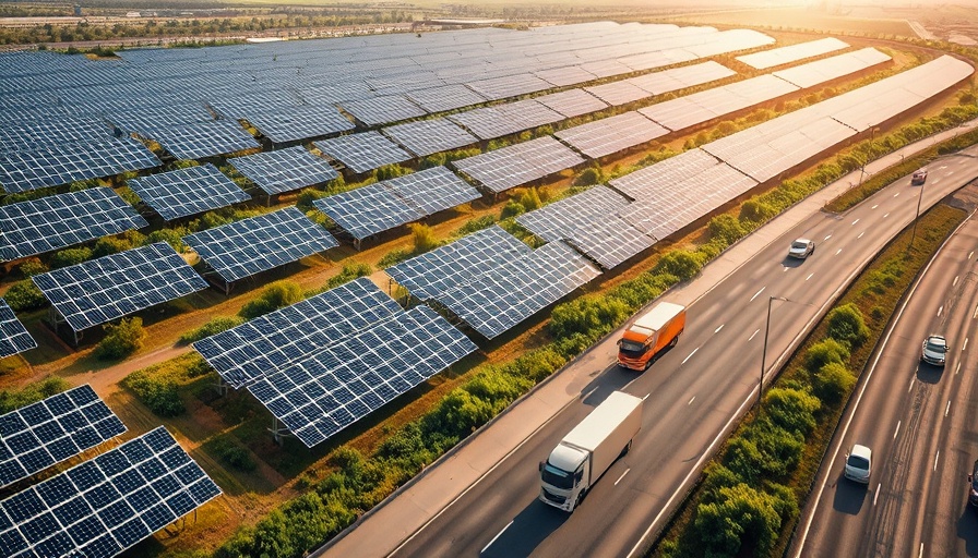 Aerial view of solar panels and highway in UK industrial scene.