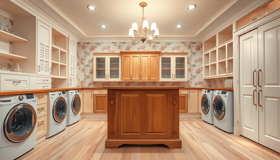 Modern home laundry room with shelving and floral wallpaper.