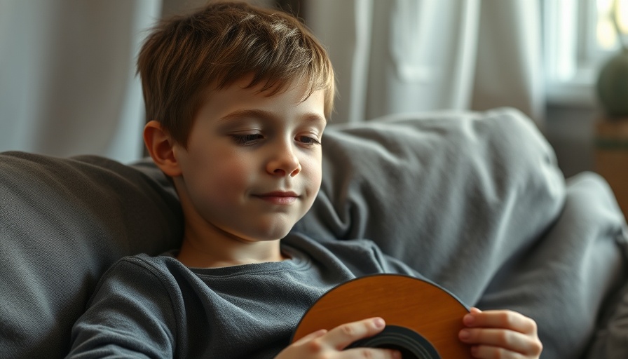 Young boy enjoying first vinyl album with vintage record player.