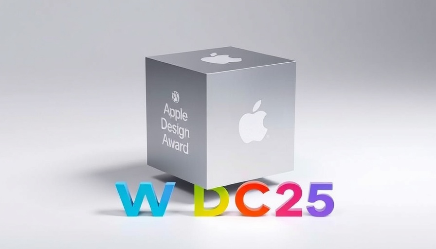 WWDC25 Apple Design Award cube floating, vibrant text below.