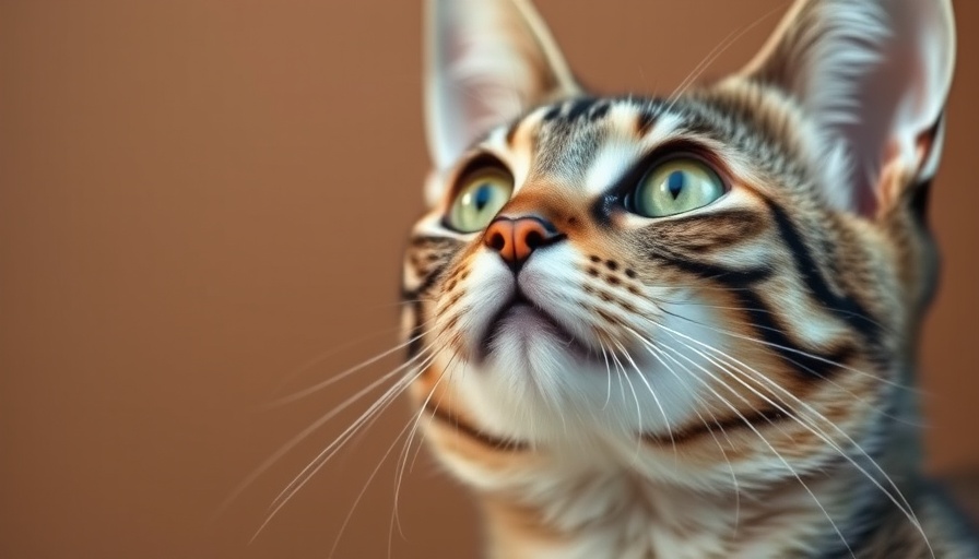 Close-up of a tabby cat with green eyes looking up, redirected aggression in cats.