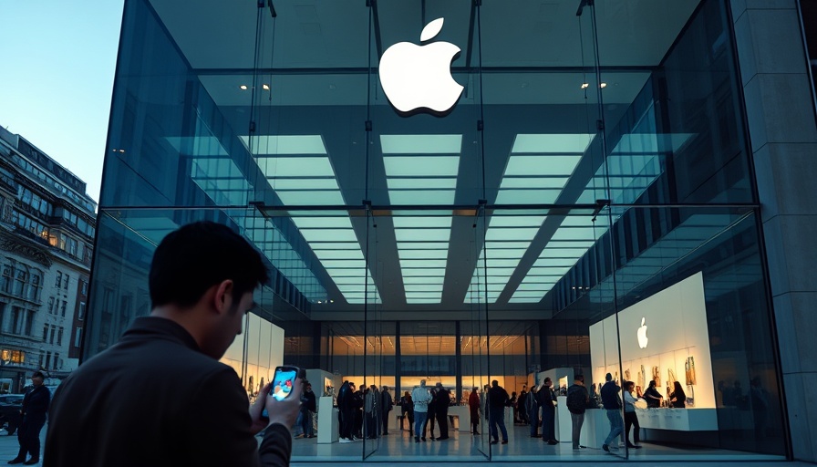 Man outside Apple store using smartphone, iOS 19 rumored changes.