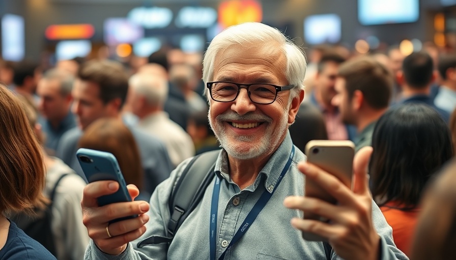 Man holding smartphone at crowded WWDC 2025 event.