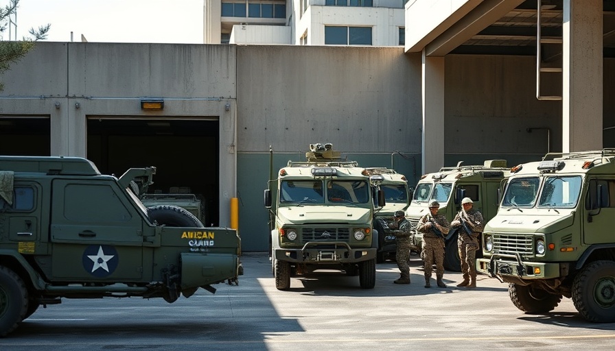 National Guard troops in LA at urban loading docks with military vehicles.