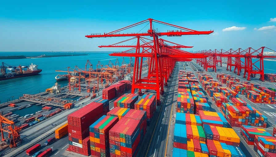 Aerial view of shipping port with containers and cranes symbolizes US-China trade talks.