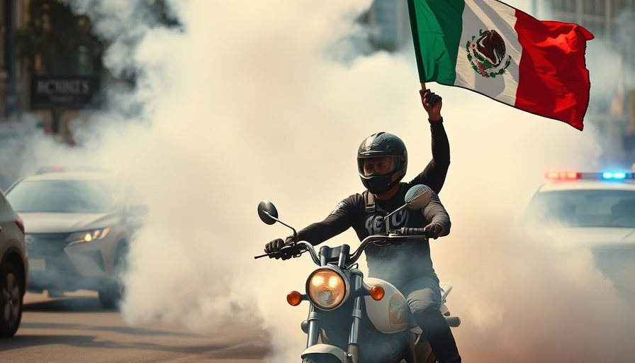 Protester waves flag amid smoky urban protest.