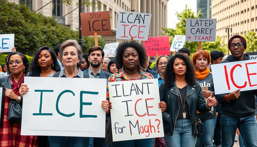Protesters outside with signs against ICE, Stock market news.