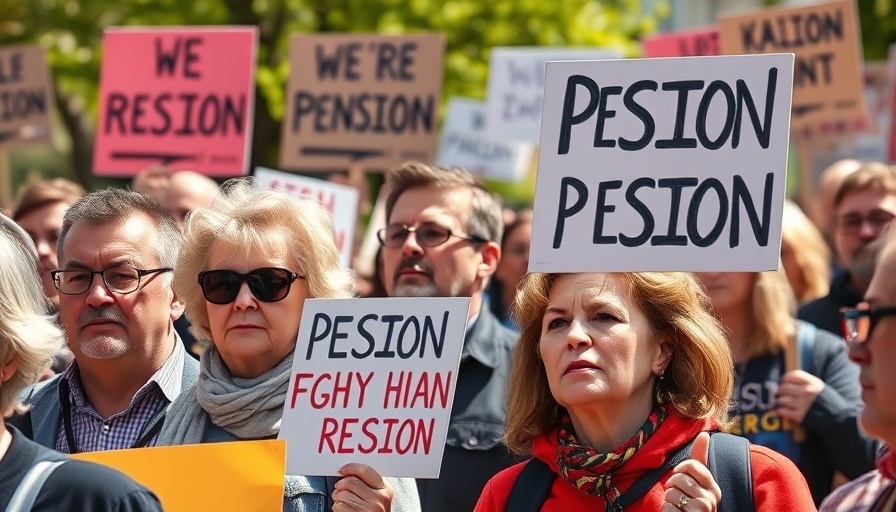 Protestors rally against British pension policy reforms with signs.