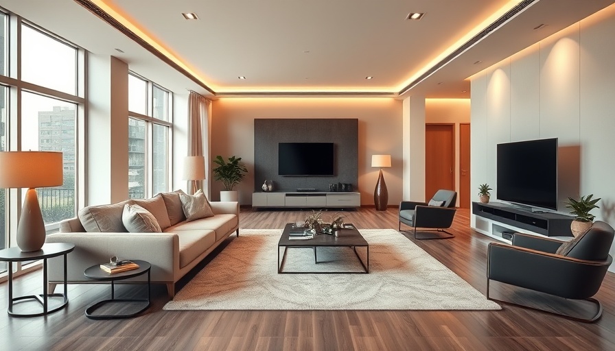 Minimalist living room interior design with modern furniture and warm lighting.