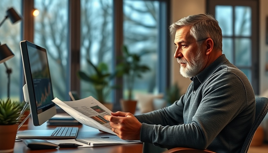 Mature man assessing stock data with a concerned look in a home office.