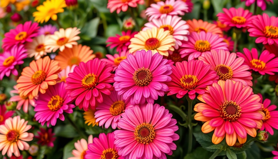 Vibrant zinnia flowers flourishing, protect plants from heat stress.