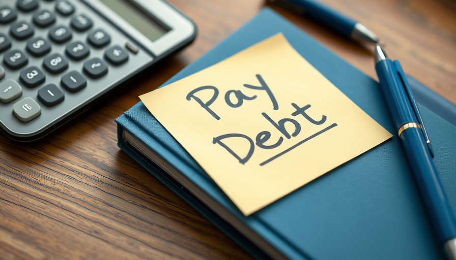 Note with 'Pay Debt' on notebook with pen and calculator, representing debt consolidation.