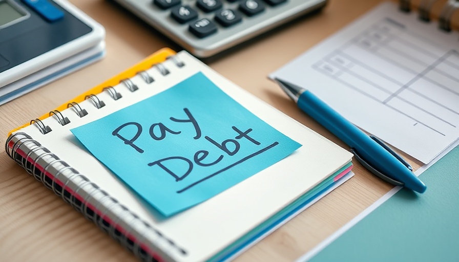 Blue sticky note reading 'Pay Debt' on a notebook, debt consolidation.