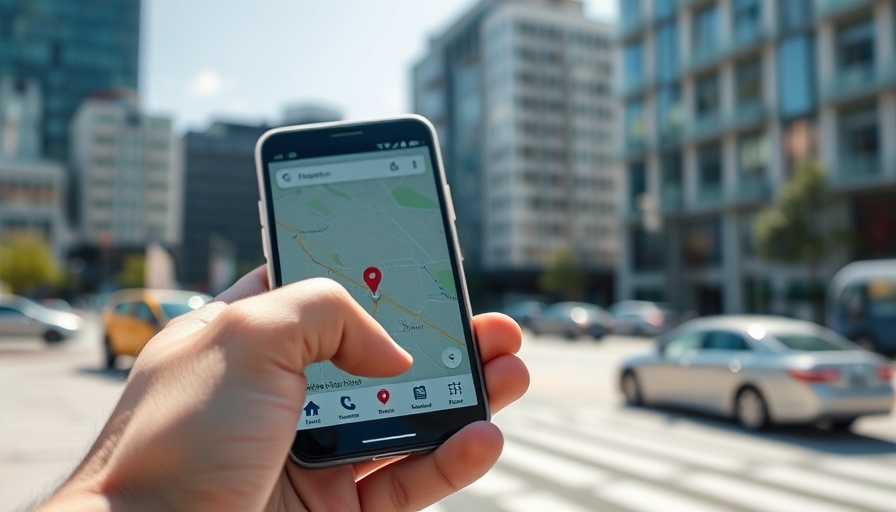 Hand holding smartphone with Apple Maps update, sunny urban background.
