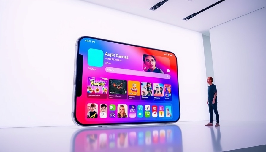 Apple Games app display with presenter in modern setting.