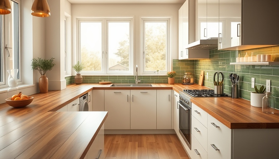 Modern kitchen with wood countertops and green tile backsplash.