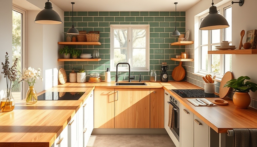 Wood kitchen countertops in a modern kitchen with green tiles.