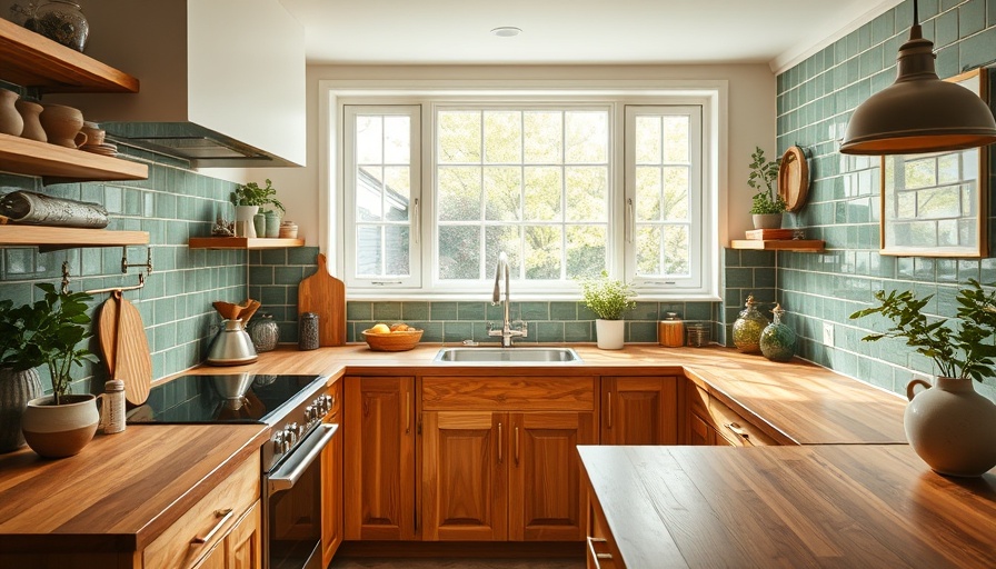 Modern kitchen with wood countertops and green tile backsplash.